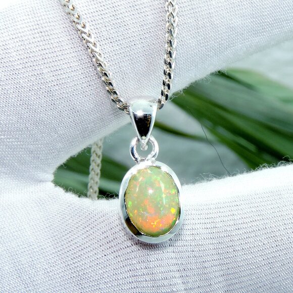 Opal Silver Pendant Chain Necklace, Natural Fire Opal Pendant With Chain - Picture 6 of 8